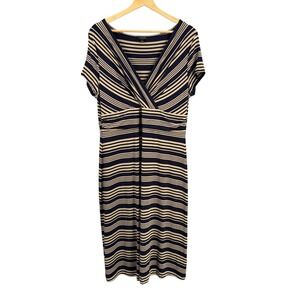 Talbots Striped Faux Wrap V Neck Short Sleeve Midi Dress Size L Navy Beige